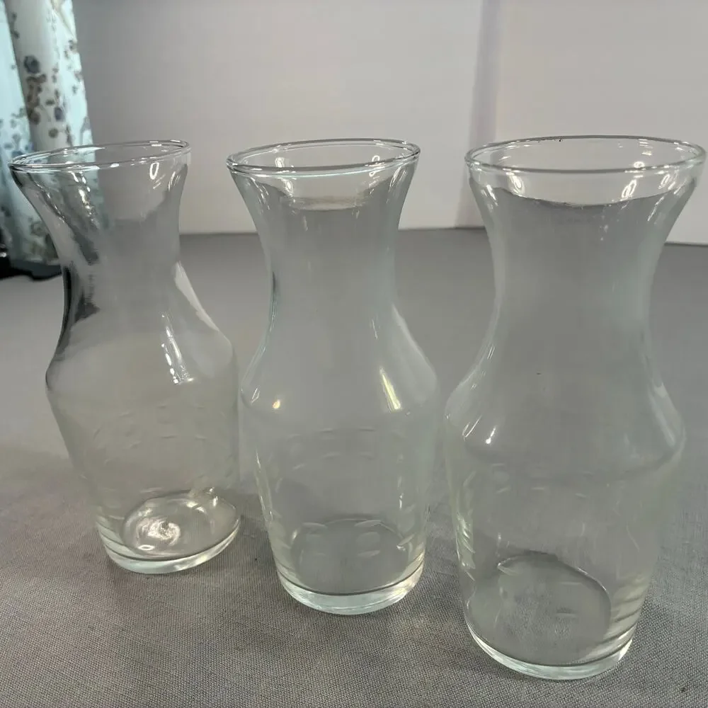 Vintage Clear Glass Juice Carafes Set of 3 Etched Dot Breakfast Bottles 7 Inch